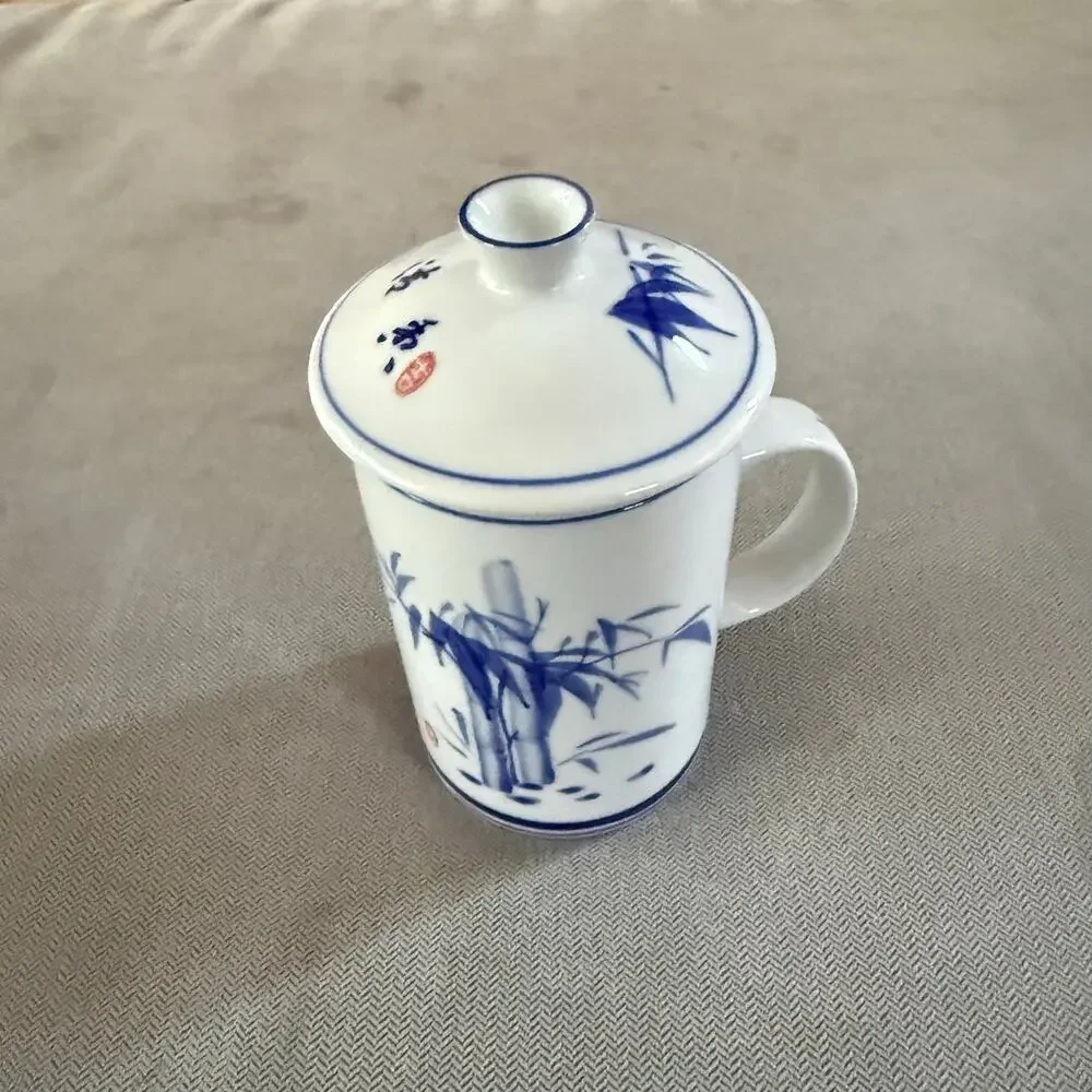 Blue White Bamboo Ceramic Tea Mug with Infuser Strainer & Lid Asian Style